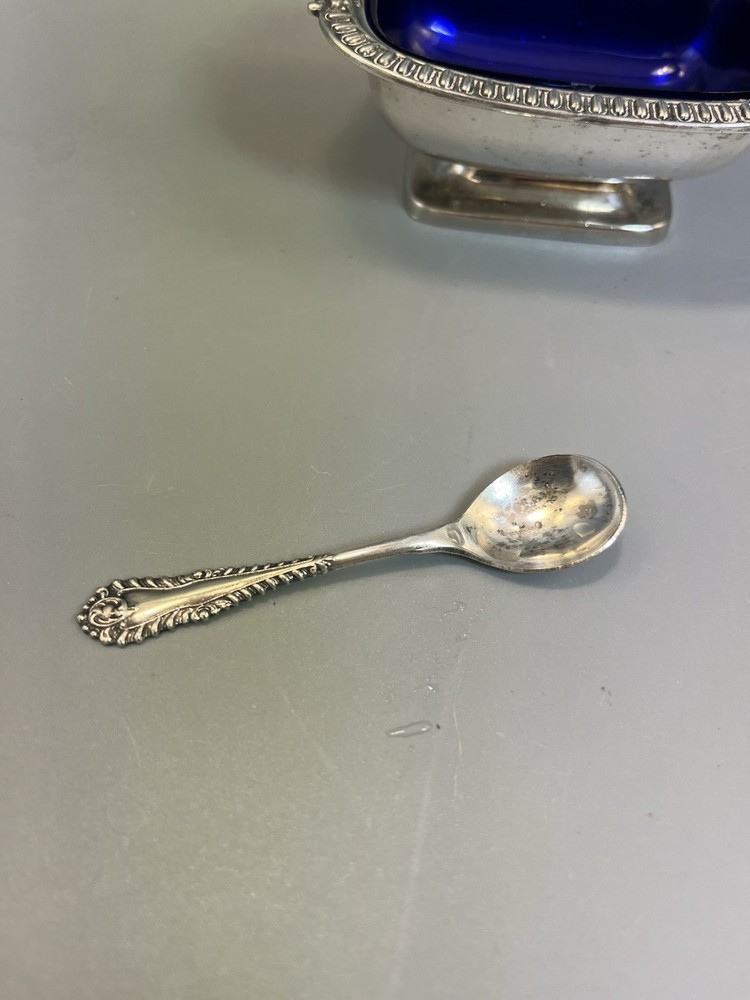 Footed Open Salt Cellar Cobalt Plastic Insert Silver Plate Base Made In England