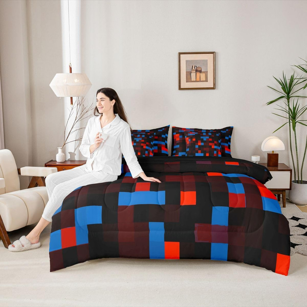 Pixelated Red Blue Black Queen Size Comforter Set with Sheets，Pillowcases & Cush