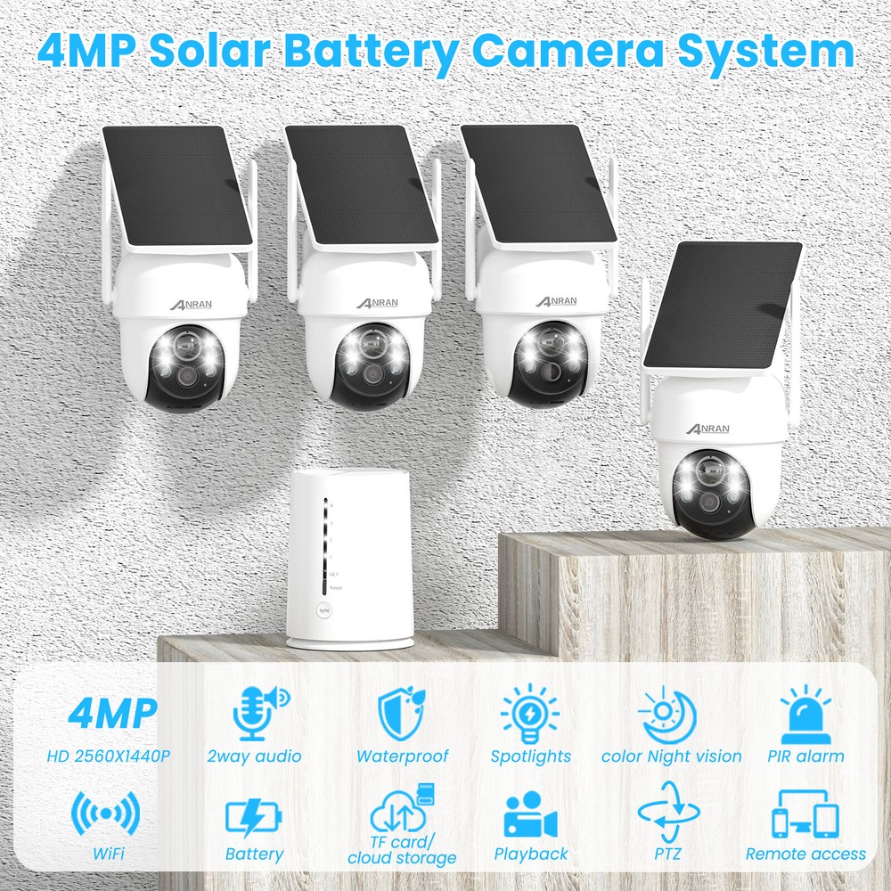 4Pcs Solar Powered Wireless Battery Security Camera System for Outdoor Home Wifi