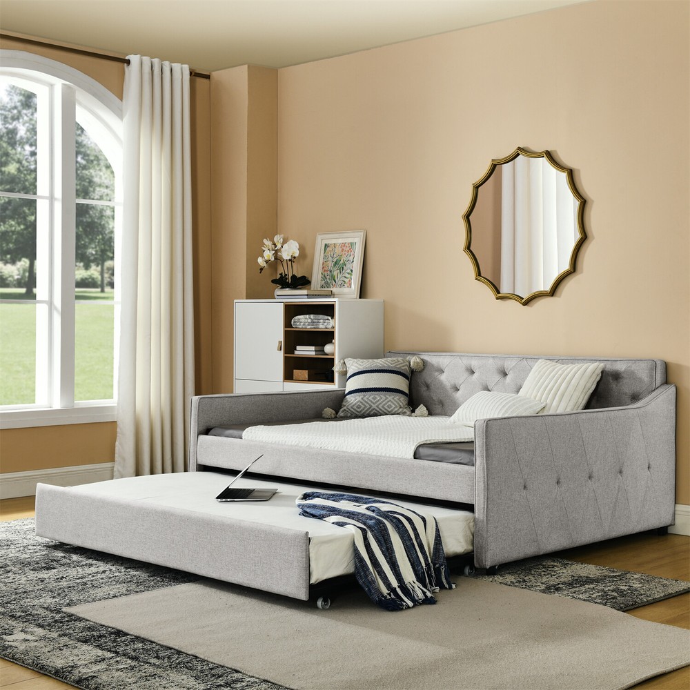 Full Size Daybed w/ Pull-Out Trundle Bed Linen Upholstered Bed Frame Sofa Bed US