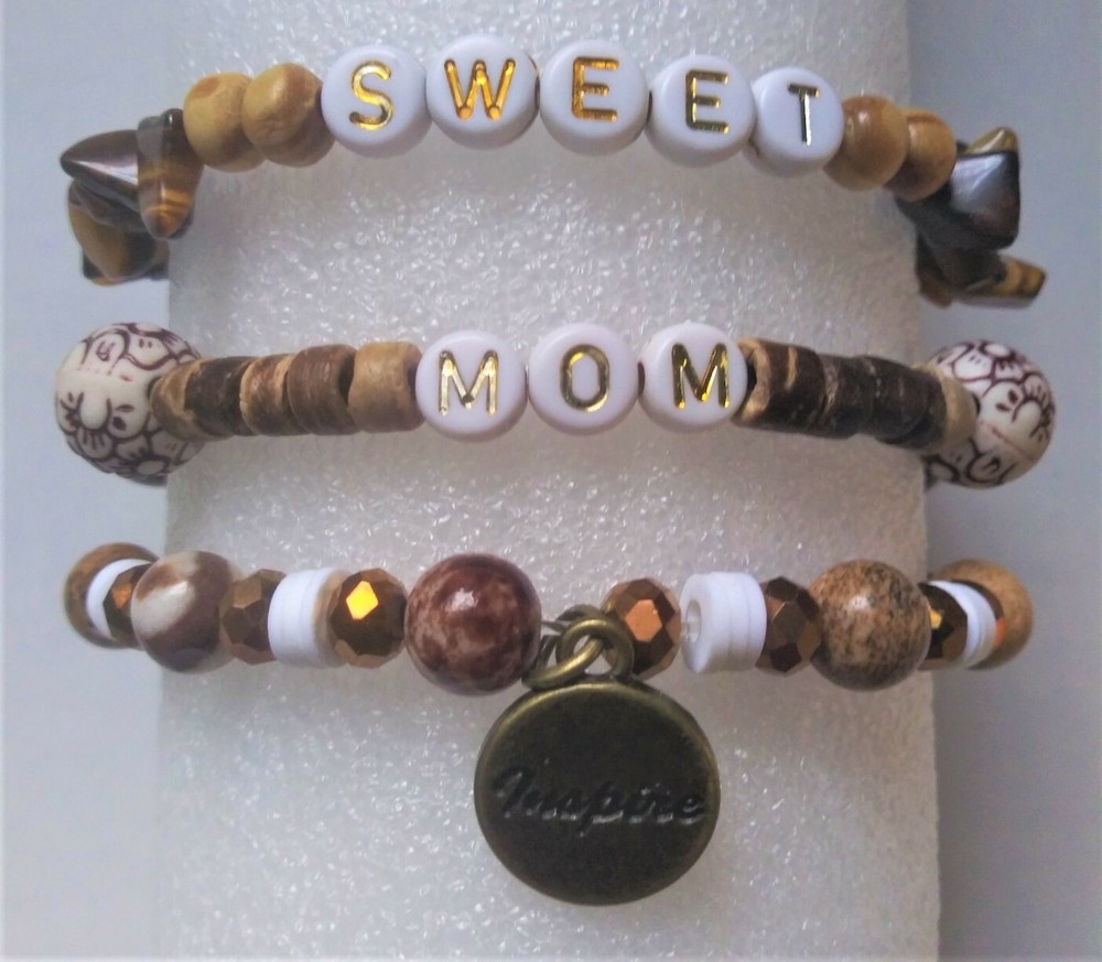 Sweet Mom Stretchy Charm Bracelet Stack and Key Ring-Brown