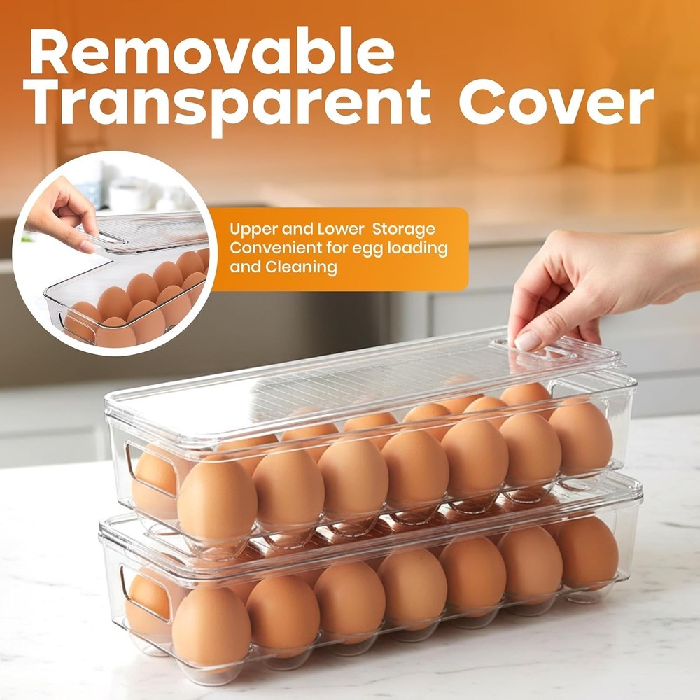 Egg Container with Lid and Handle for Refrigerator Organization- Pack of 2 - Cle