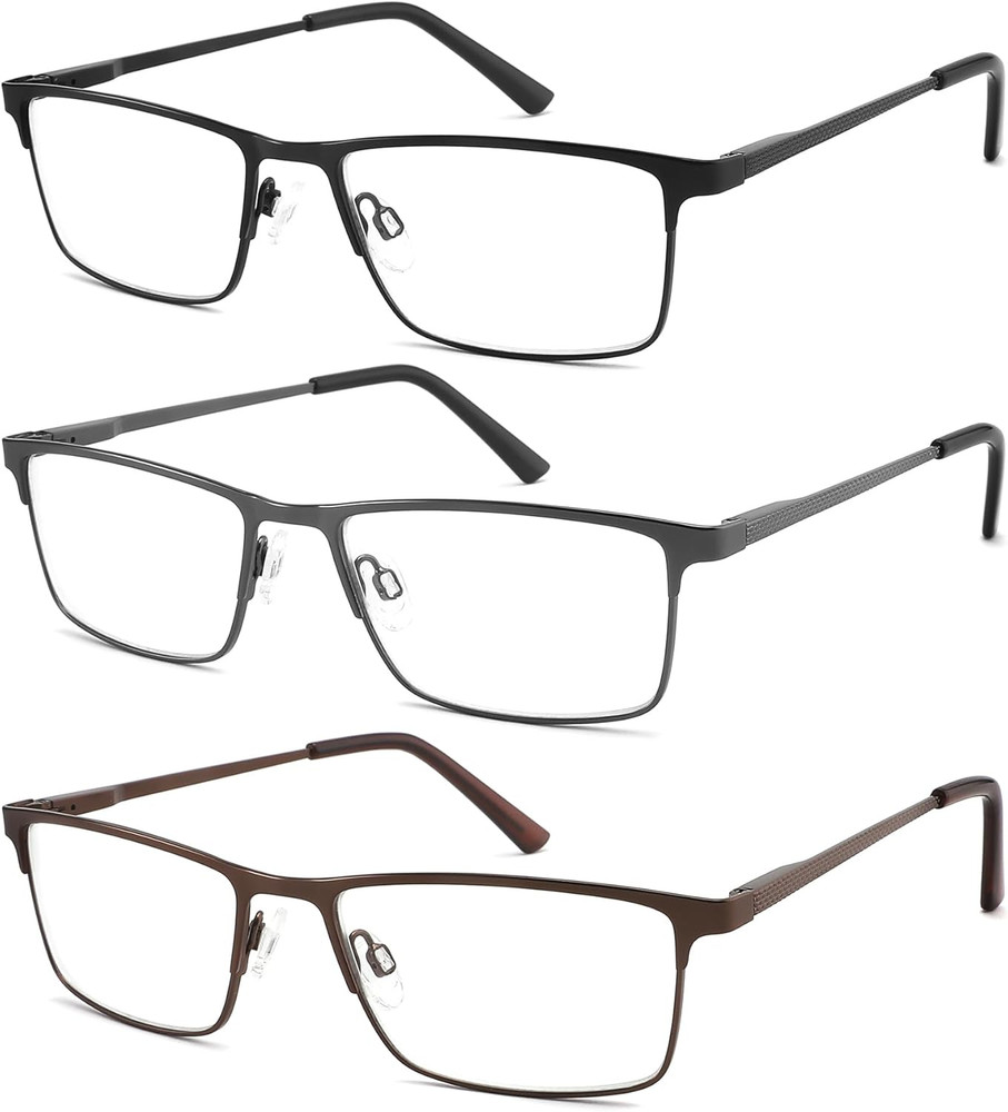 3-Pack Reading Glasses Metal Full Frame Readers for Men, Blue Light Blocking Com