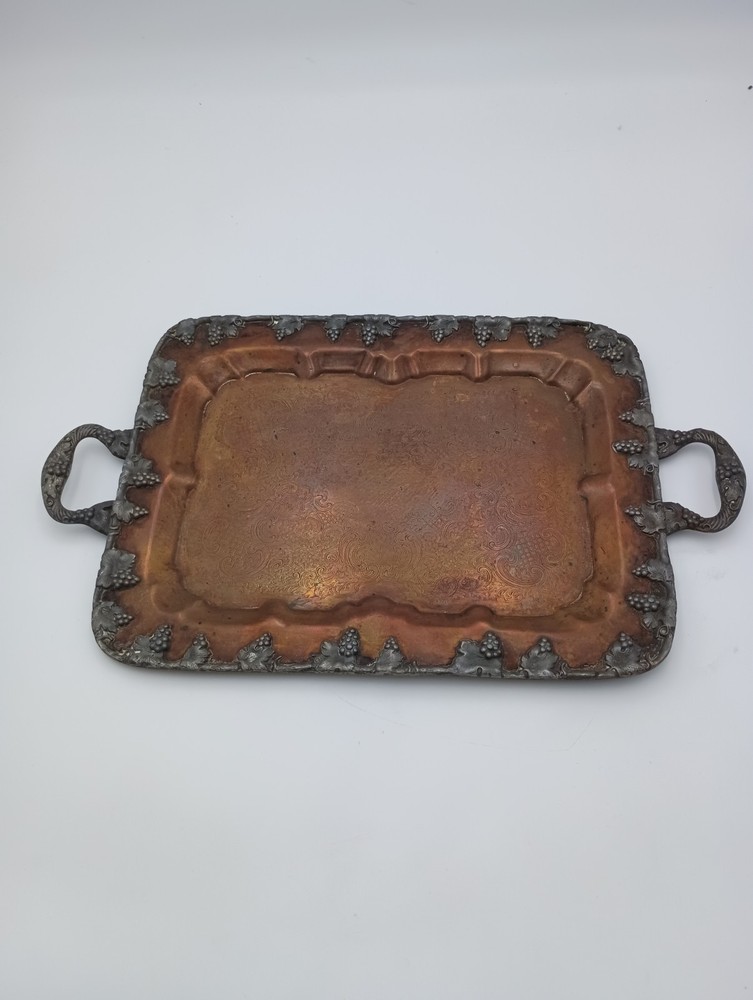 Antique Copper Handled Serving Tray Grapevine