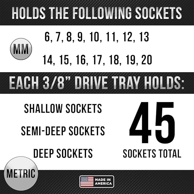 Hansen 3/8" Socket Organizer Tray Holder Metric 3 Row MM Shallow, Semi, Deep USA