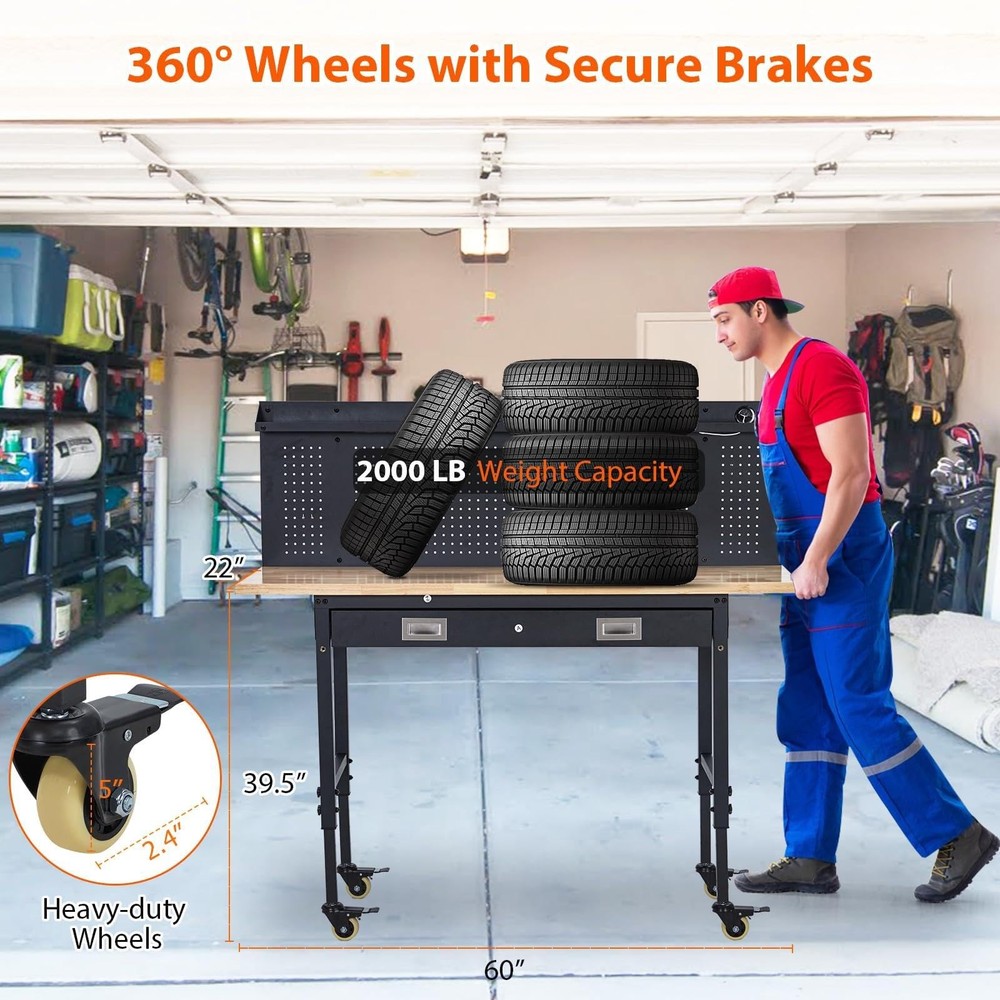 60" x 22" Adjustable Workbench ,Heavy Duty Work Table with Drawer and Pegboard