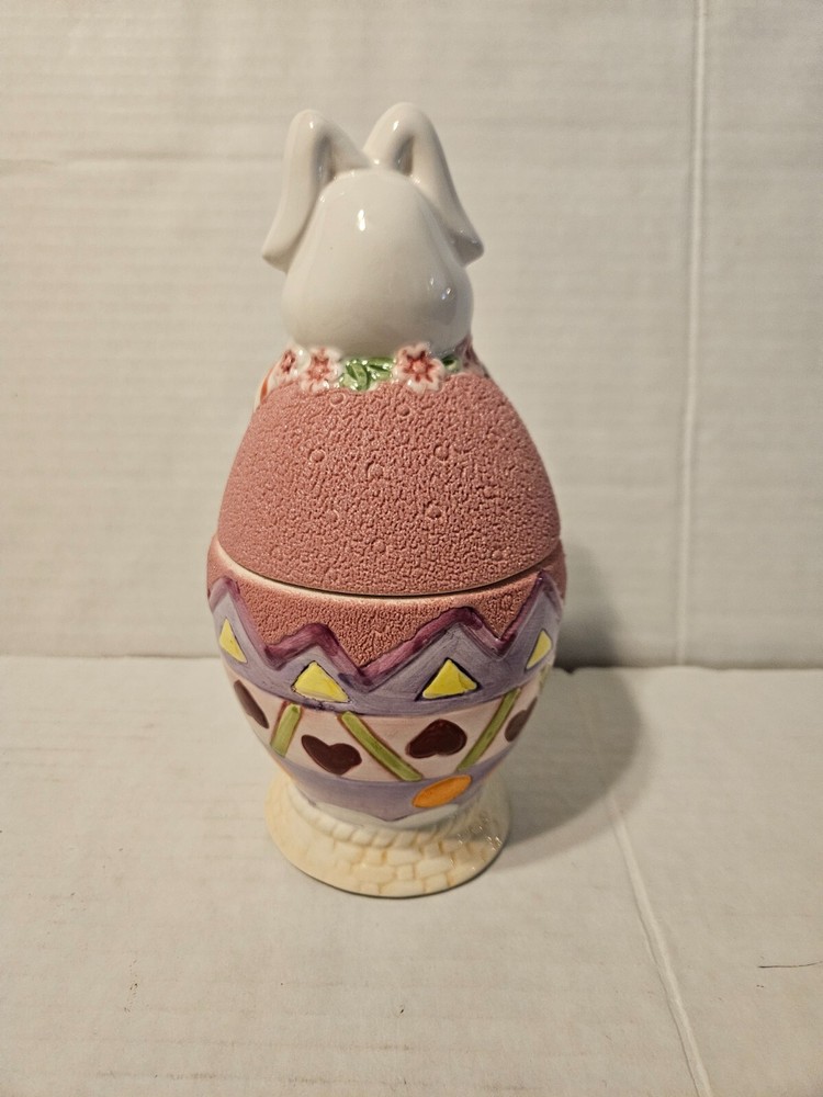 Vintage Ceramic Hand Painted Easter Egg with Bunny Lidded Candy Dish