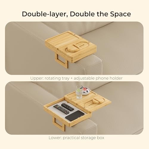 Bamboo Couch Arm Tray with 2 Rotatable Tray, Adjustable Sofa Arm Clip Natural