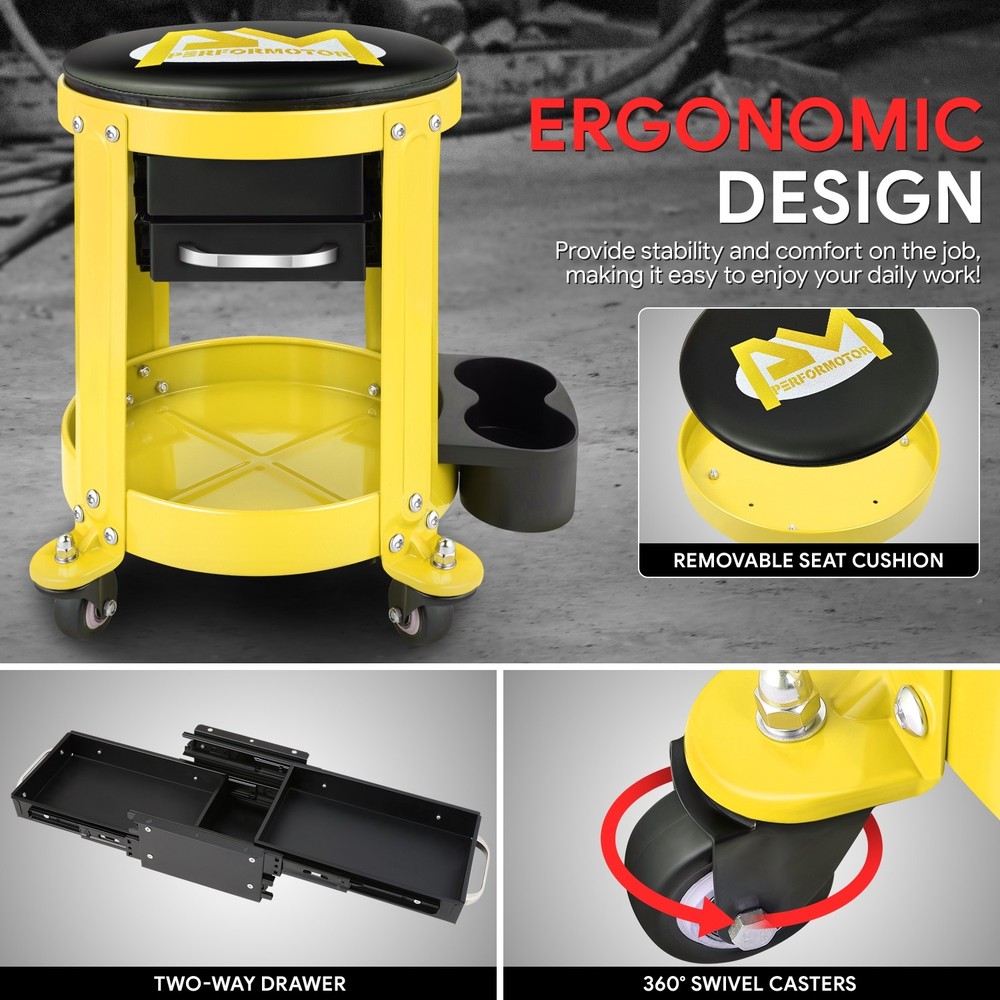 Mechanics Roller Work Stool Seat w/ 2-Drawer Tool Box Storage Tray Padded Yellow