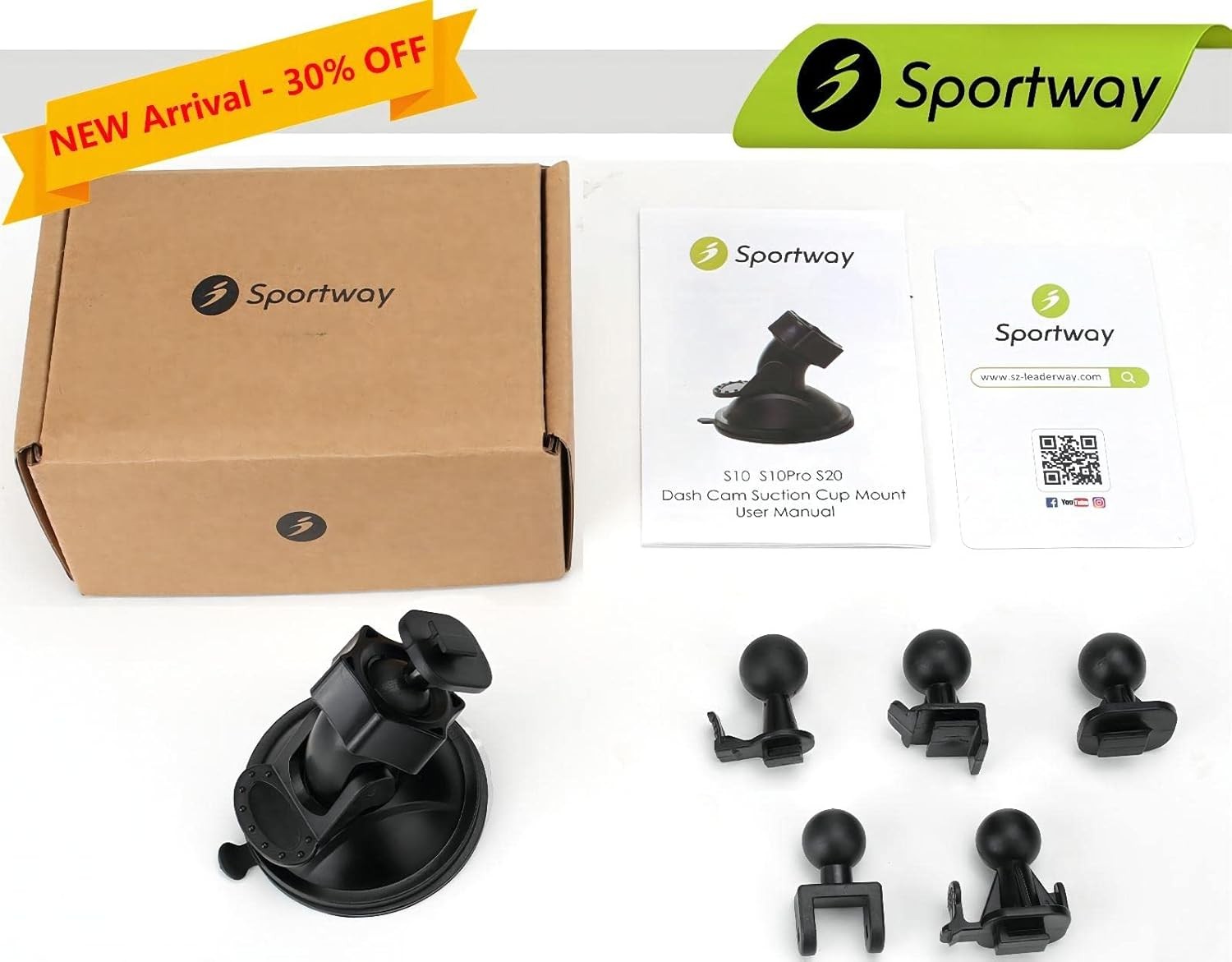 Sportway S10 Suction Cup Dash Cam Mount Holder with 6+pcs Joints for Black