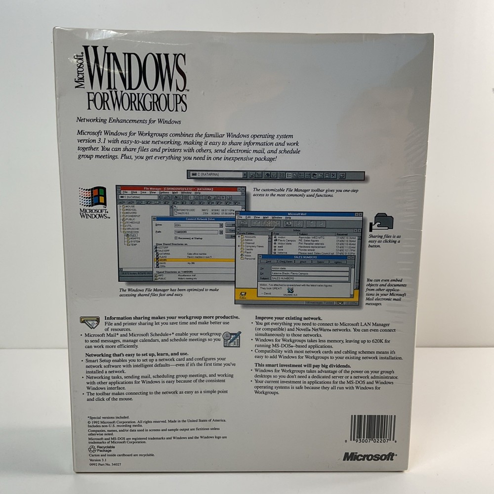 Microsoft Windows For Workgroups Windows Version 3.1 Enhancements Factory Sealed
