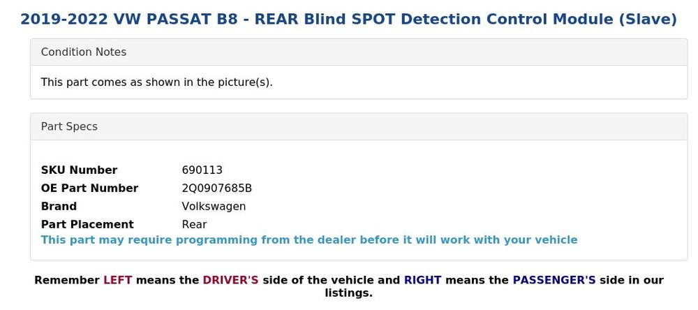 2019-2022 VW PASSAT B8 - REAR Blind SPOT Detection Control Module (Slave)