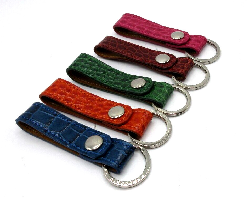 Key Ring on Leather Croc Embossed Strap w Snap Attachment Graphic Image BLUE
