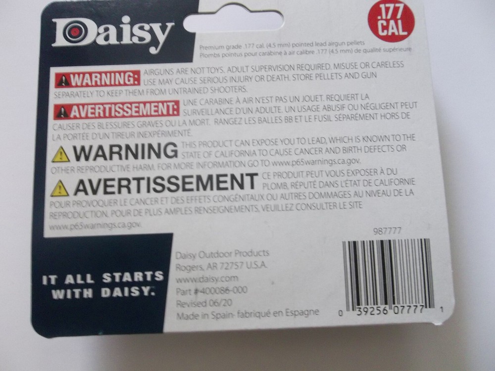 DAISY Precision Max 250 Count POINTED 4.5mm .177 Caliber Pellets Target