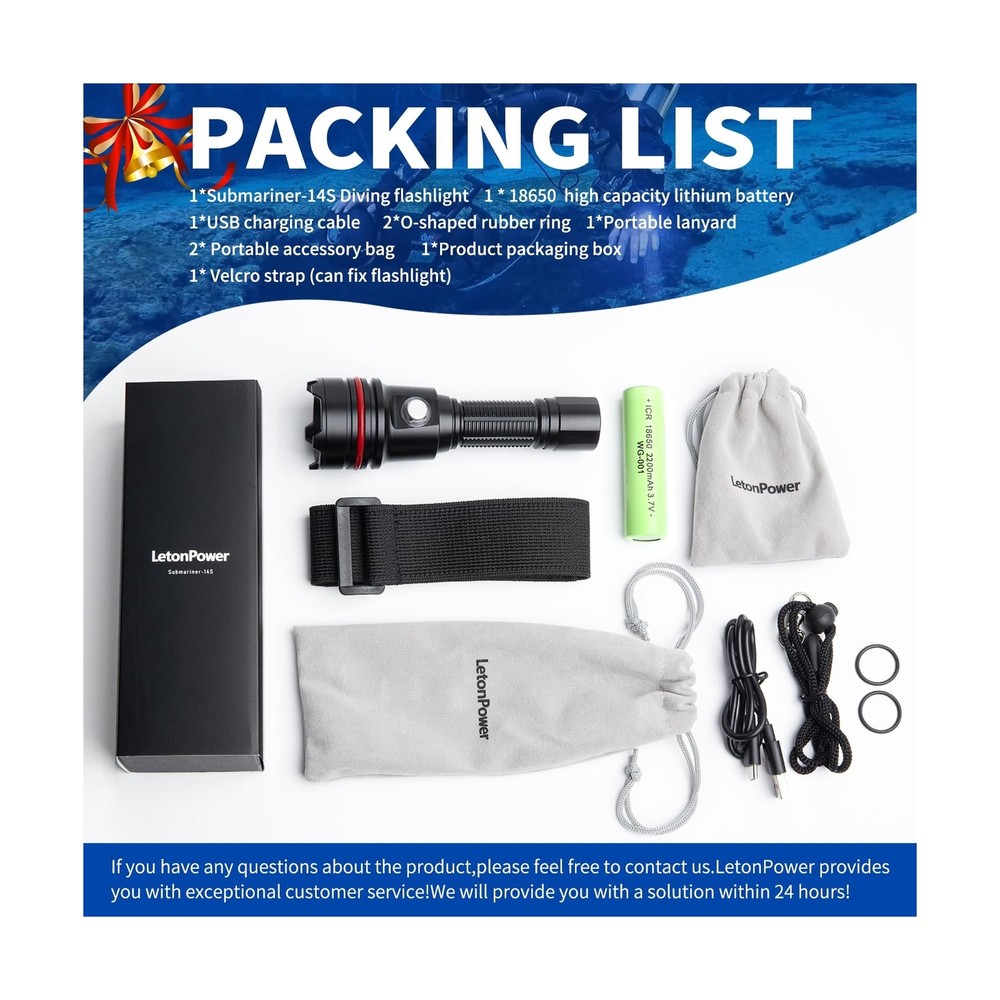 Diving Flashlight, 2000Lumens Dive Light,100m Underwater Flashlight,Dive Ligh...