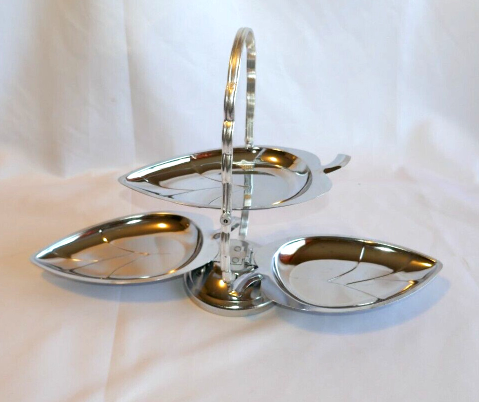 MCM Collapsible Silver Tone 3 Tier Leaf Serveware Snacks TrinketsJewelry Vintage