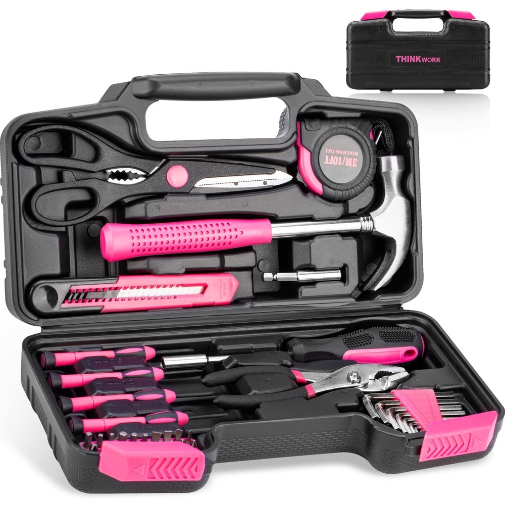 THINKWORK Pink Tool Set - 40 Piece General DIY Home Toot Kit, Light