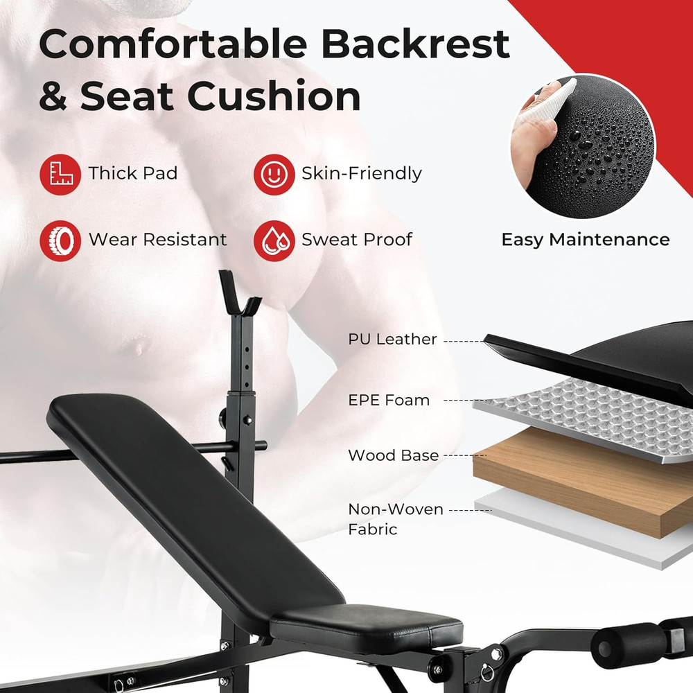 Adjustable Weight Bench, Foldable Weight Bench with Squat Racks, Leg Extension &