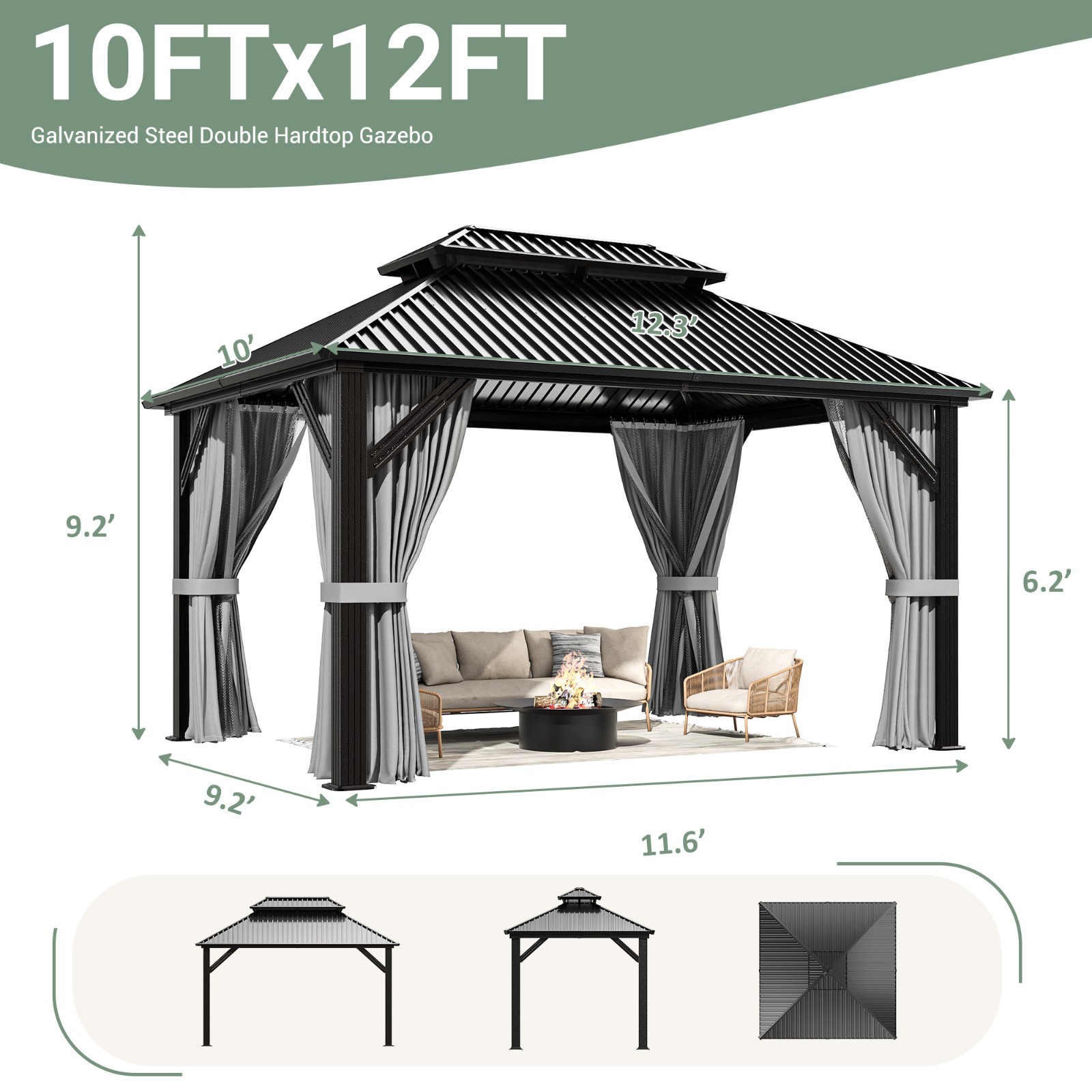 10 x 12 ft Hardtop Gazebo Steel Double Roof with Curtains