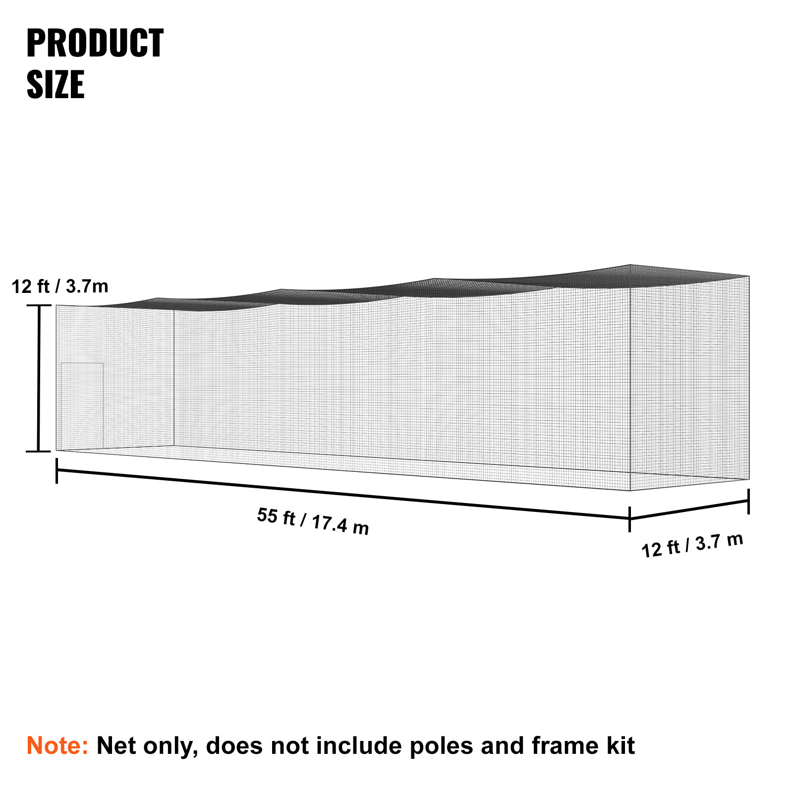 VEVOR 55FT Softball Baseball Cage Netting Heavy Duty PE Pitching Batting Net