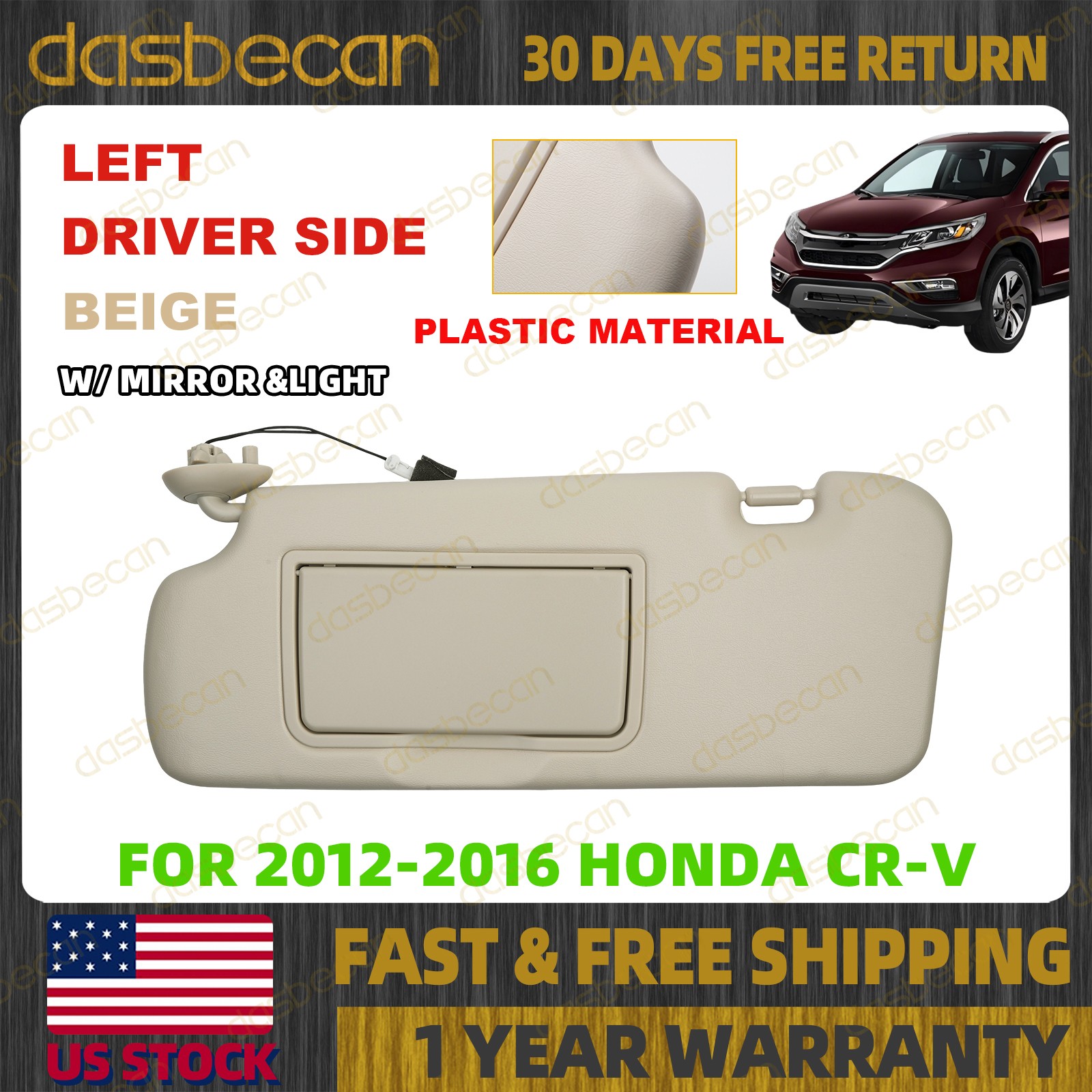 Left Driver Side Beige Sun Visor For Honda CR-V 2012-2016 W/ Light & Mirror