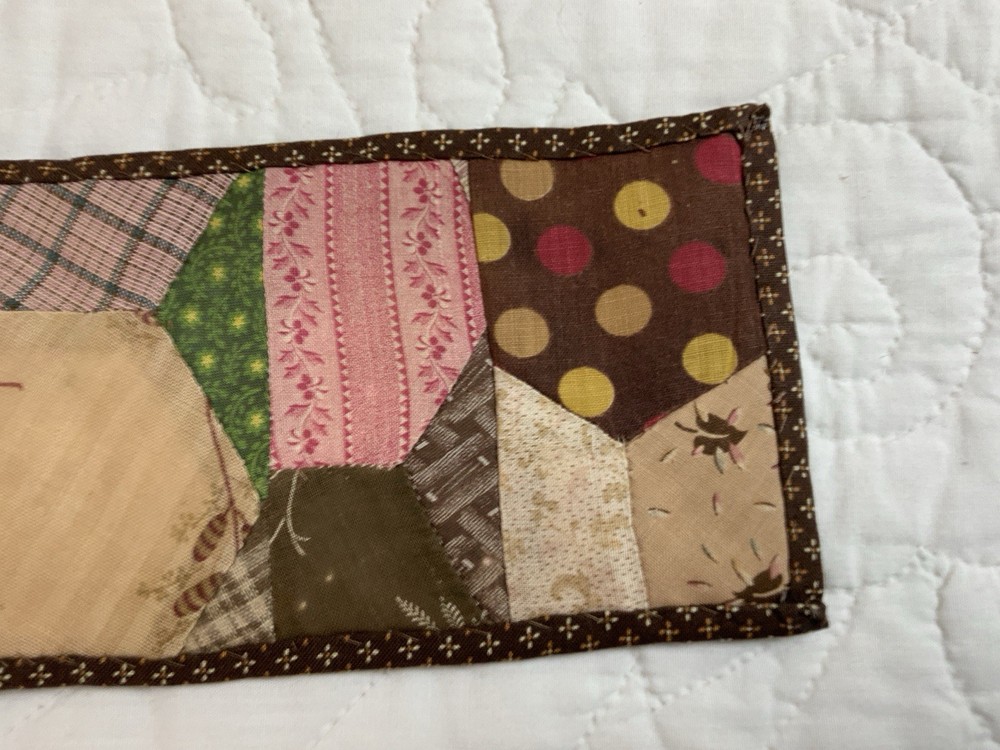 Antique Patchwork Quilt Table Topper, Rectangle Early Calicos, Brown