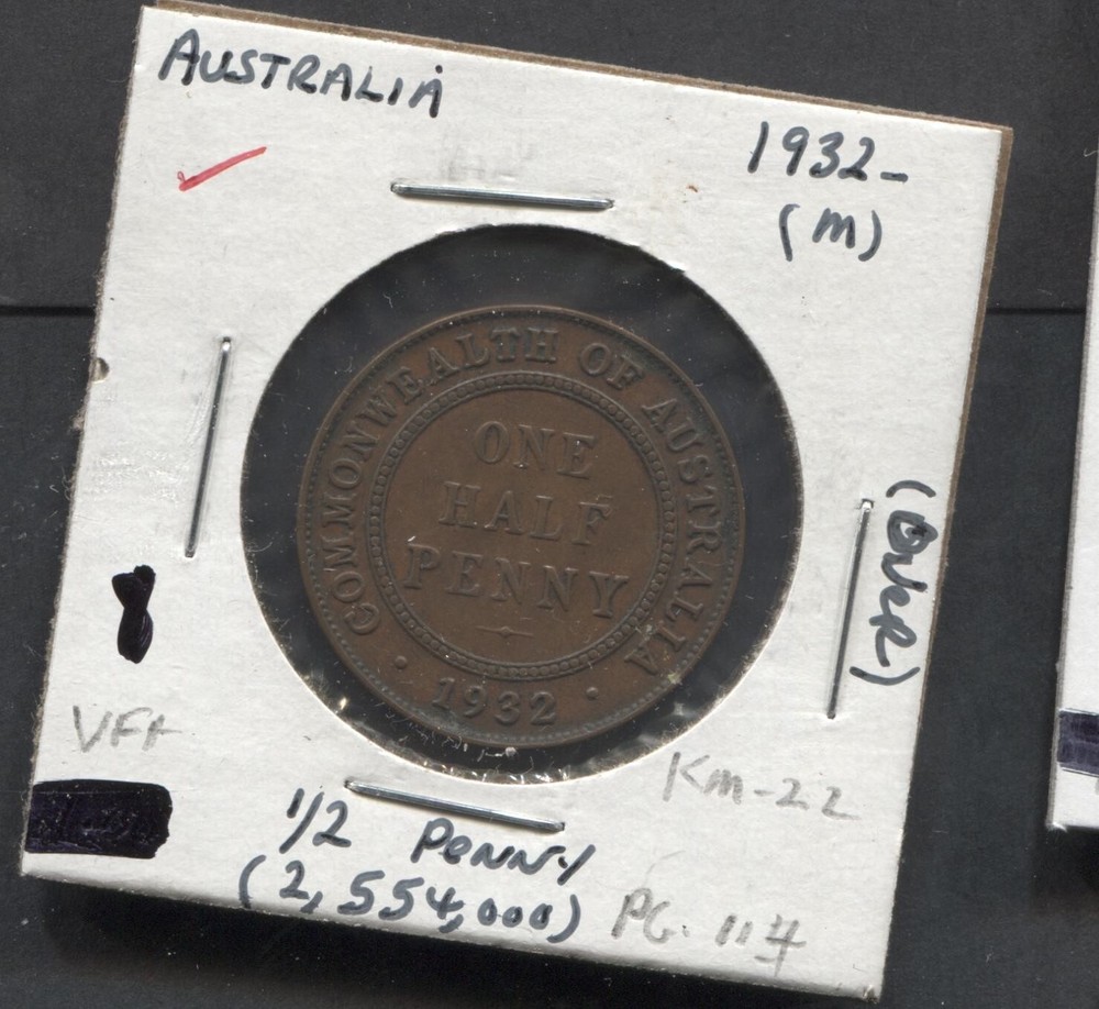 1932(M)-Australia-VF+-KM-22-1/2 Penny