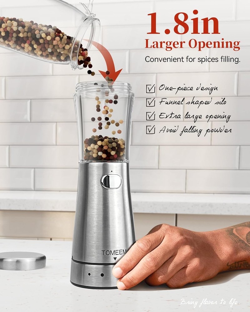 Electric Salt and Pepper Grinder Set with Storage Base, Bright Silver