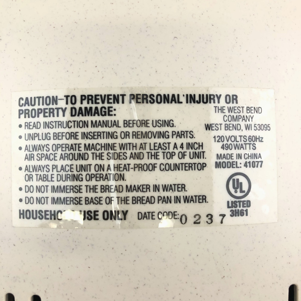 WEST BEND JUST FOR DINNER AUTOMATIC BREAD MAKER MACHINE MODEL 41077 EUC Clean