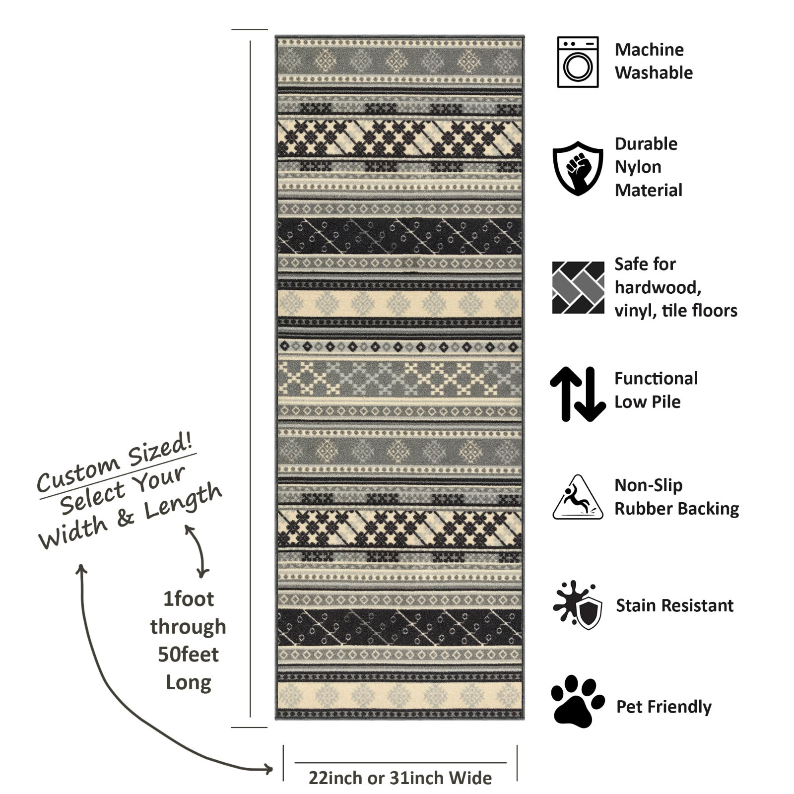 Custom Size Stair Hallway Runner Rug Rubber Back Non Skid Grey Kilim Design