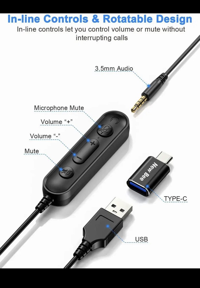 New Bee USB Headset with Microphone for PC Computer Headset, Single Ear Headset