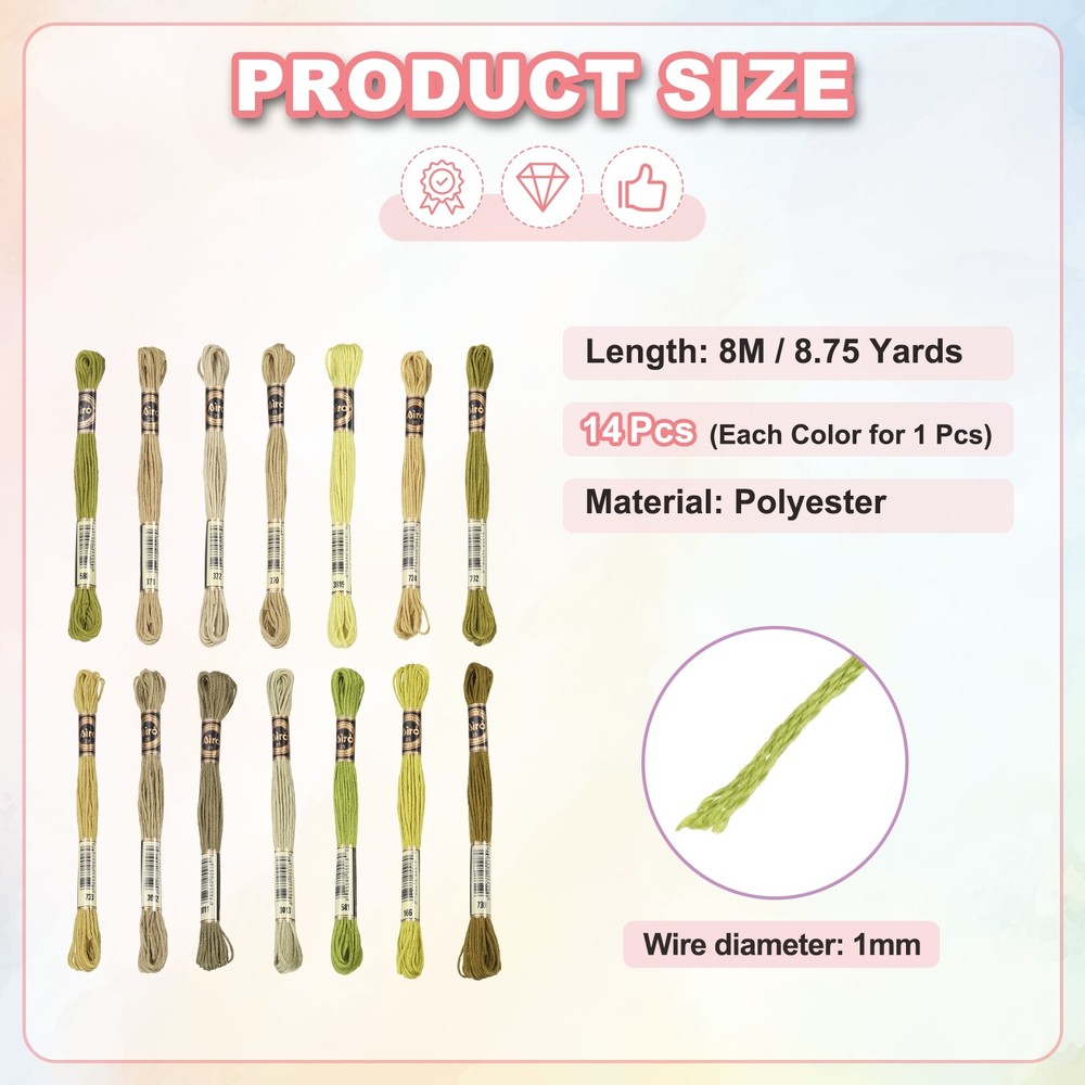 14 Skeins Embroidery Floss, Polyester Threads Multicolored Gray