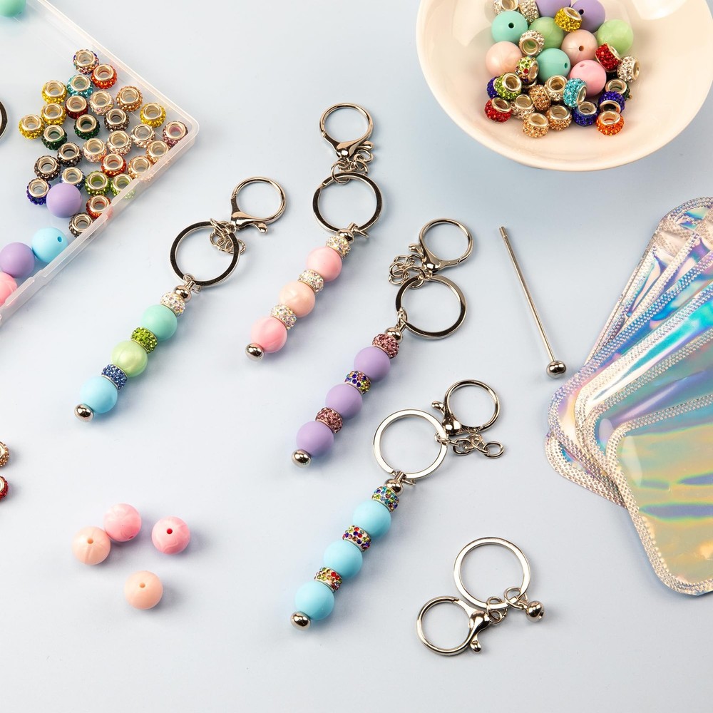 96pcs Beadable Keychains Set Bulk for Keychain Making Kit with Beadable Keych...