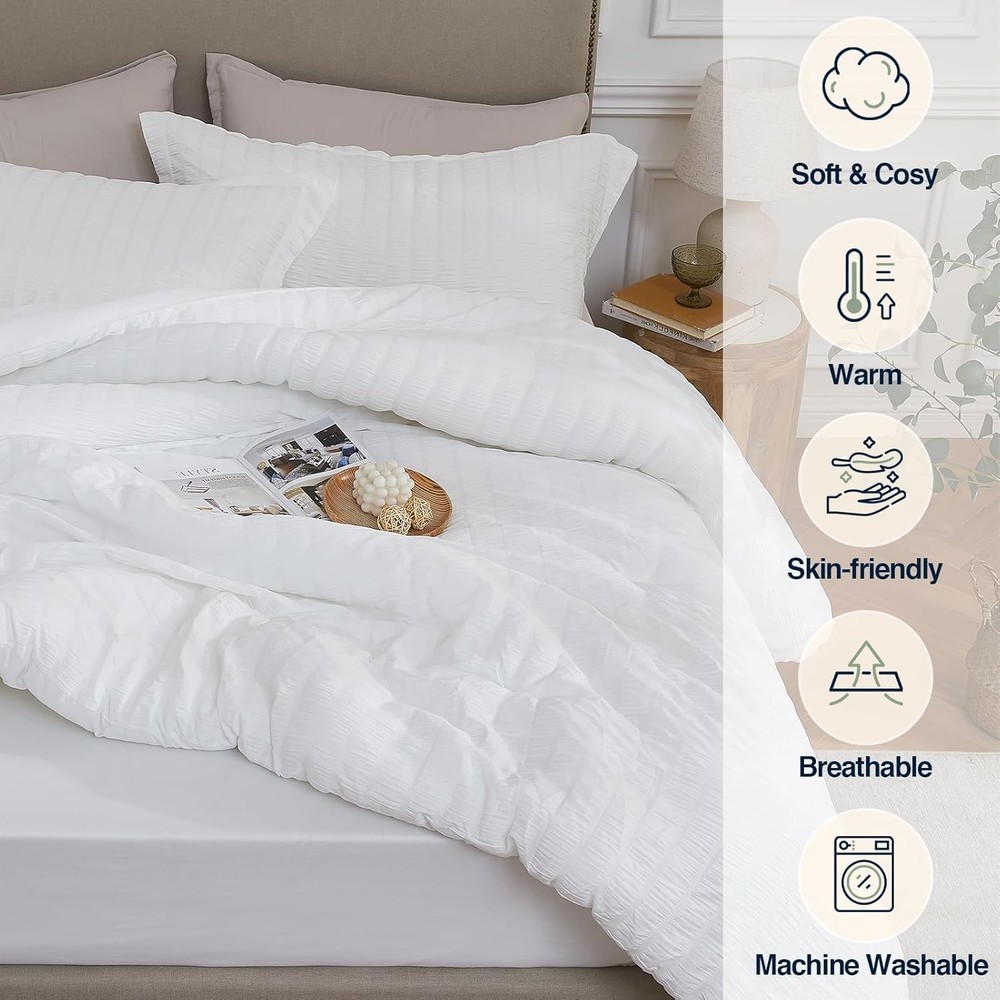 Luxurious White Queen Comforter Set - 3-Piece Seersucker Bedding Ensemble