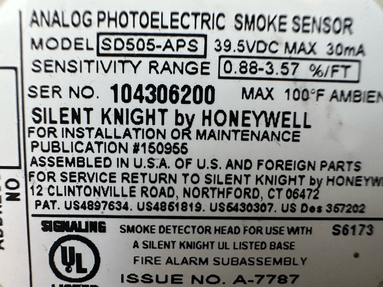 Silent Knight SD505-APS Analog Photoelectric Smoke Sensor FREE SHIPPING !!!