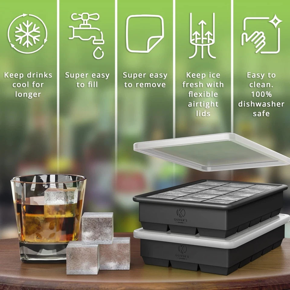 Ice Cube Tray Set with Stackable Lids - 15 Cubes Set of 2