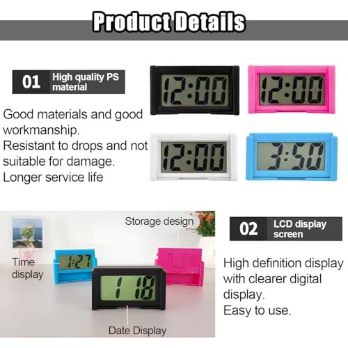 3PCS Mini Car Dashboard Digital Clocks, Small Self-Adhesive Bracket Black