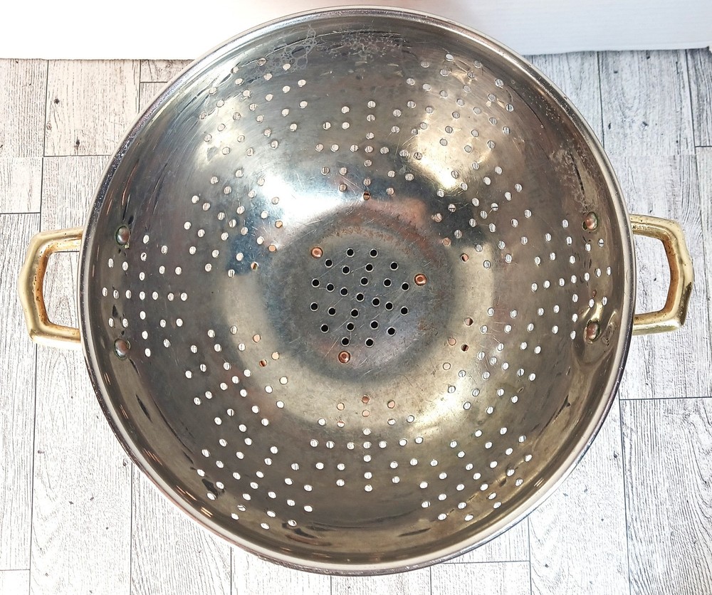 Vintage Copper Colander with Brass Handles 9” Tin-Lined Footed Strainer
