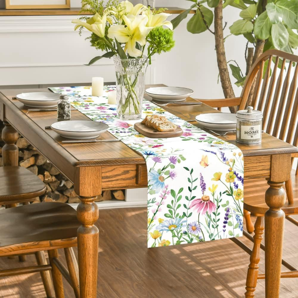 Daisy Eucalyptus Lavender Floral Leaves Summer Table Runner, Spring Kitchen Dini