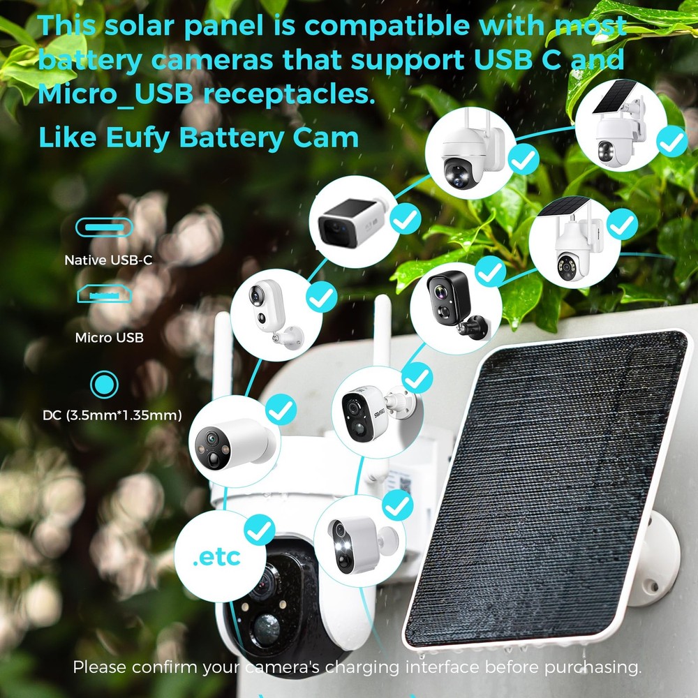 5V Solar Panel for Ring Tapo USB-C & Micro_USB & DC 3.5mm*1.35mm, 1 Pack