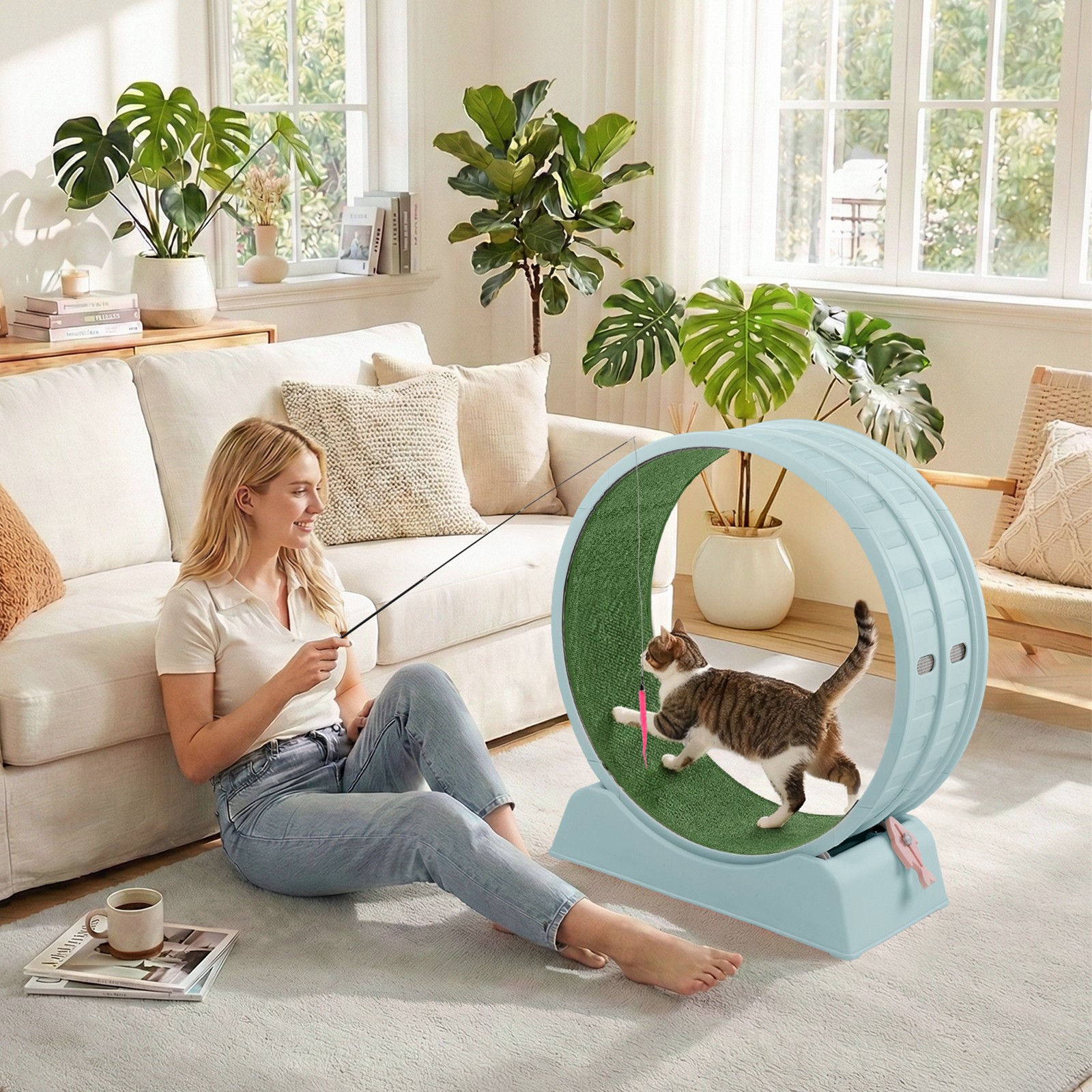 30in Cats Exercise Wheel with Lock Large Light Blue Treadmill Wheel for Indoor