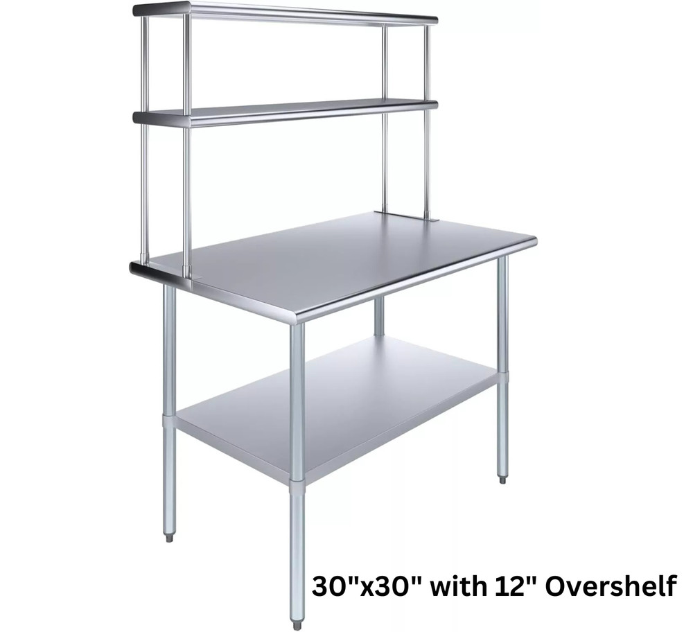 Kitchen Prep Stainless Steel Table w/ Double Overshelf, NSF Certified