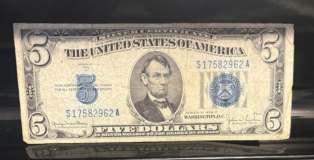 1934 $5 Silver Certificate BLUE SEAL Currency Note With Ink Bleed Mint-ERROR