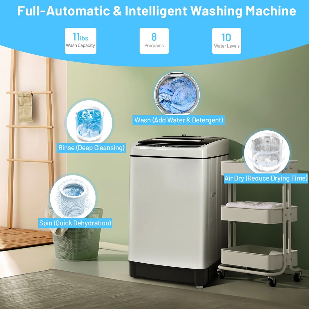 Compact Full-automatic Washing Machine Laundry Washer w/ 11 lbs Capacity Grey