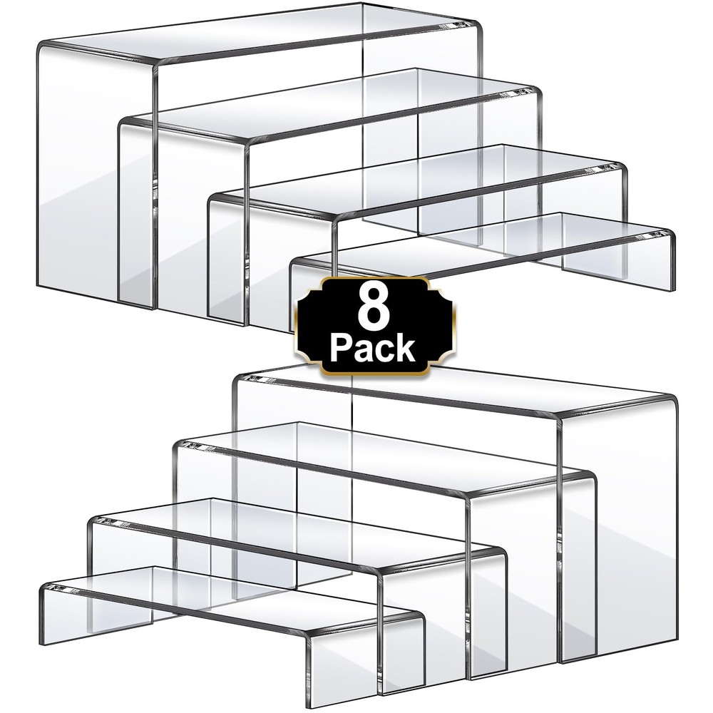8 PCS Clear Acrylic Risers, 2 Sets, Rectangular Stands, Shelf, Decor, Showcase