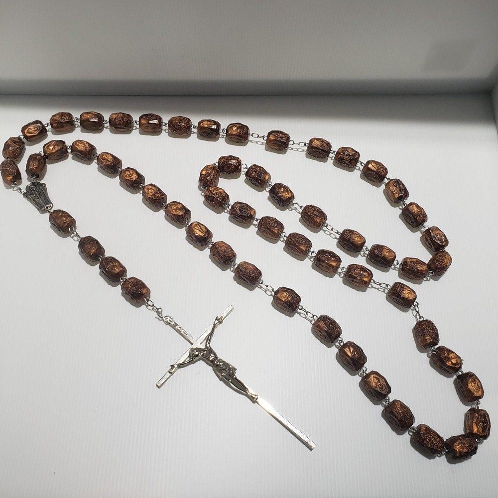 Saint Benedict Catholic Rosary Brown Bead Silver Cross 60" Gigantic Handmade