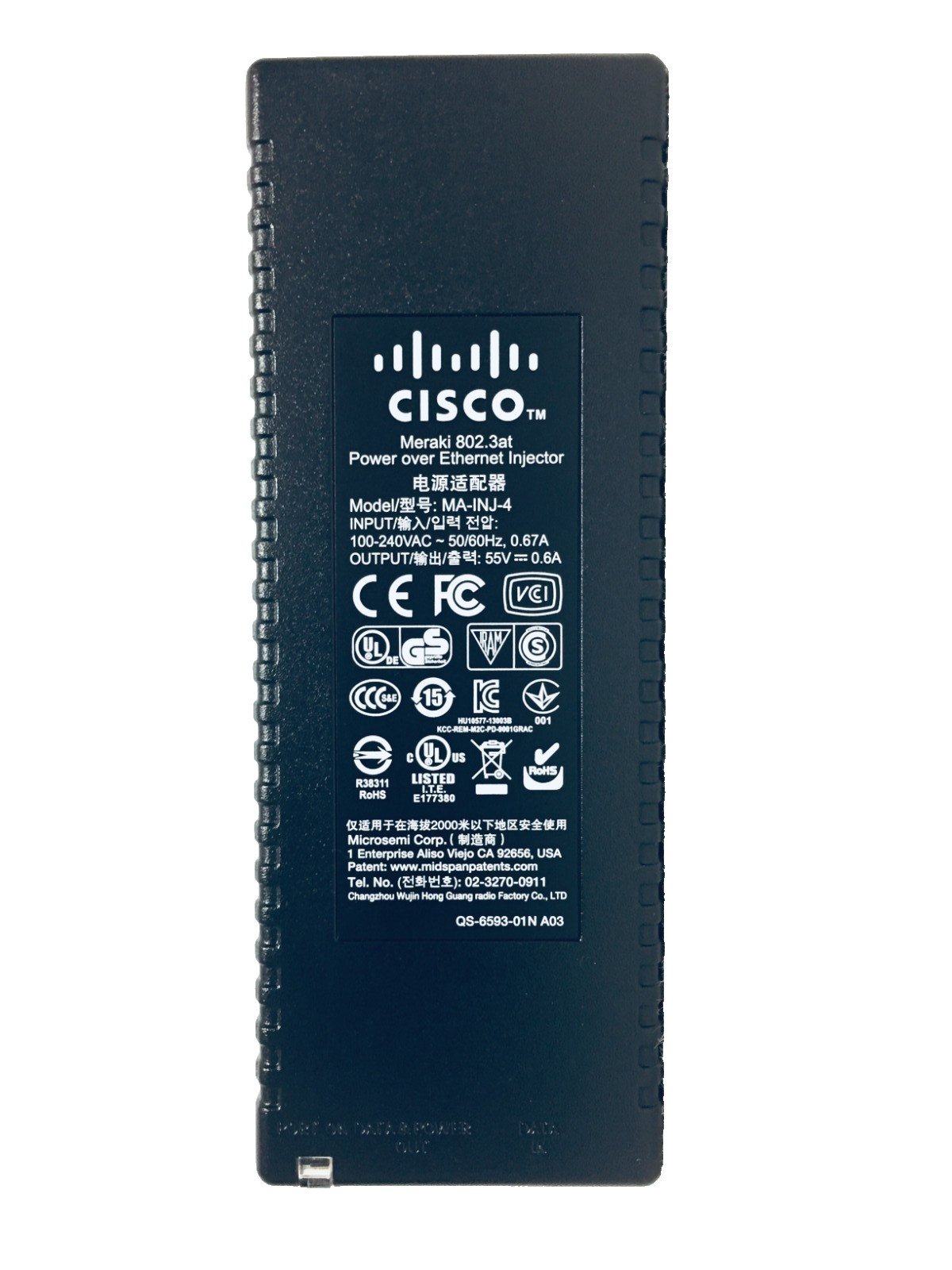 Original Cisco Meraki MA-INJ-4-US Power Injector 802.3at PoE 55V