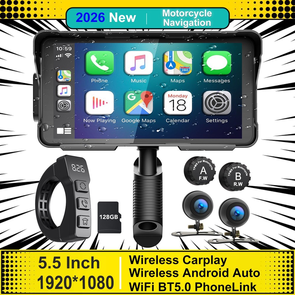 Motorcycle Navigation Carplay Wireless Android Auto Dash Cam TPMS Waterproof /BT