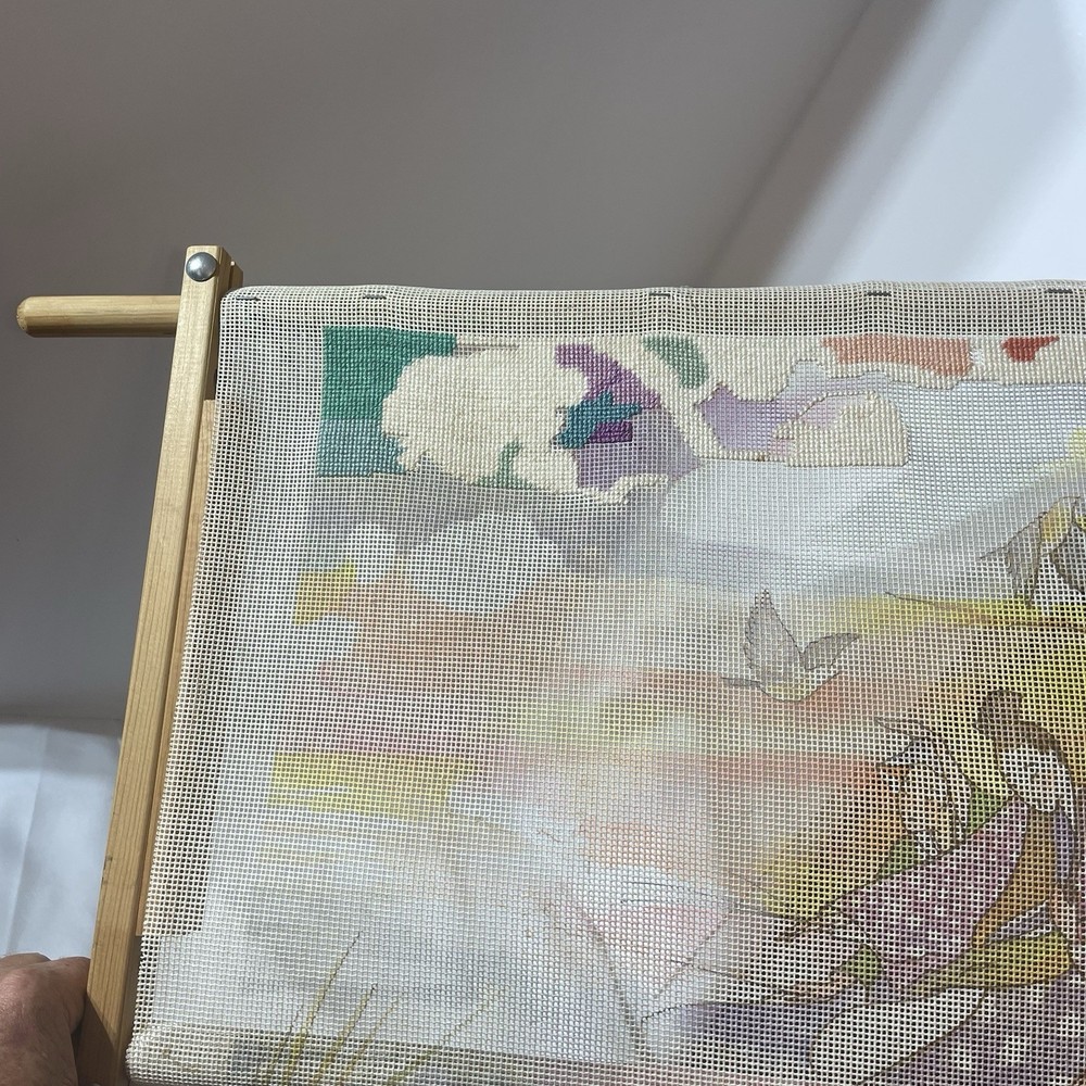 Rare, Needlepoint tapestry 'in process project' stretch scroll frame Asian