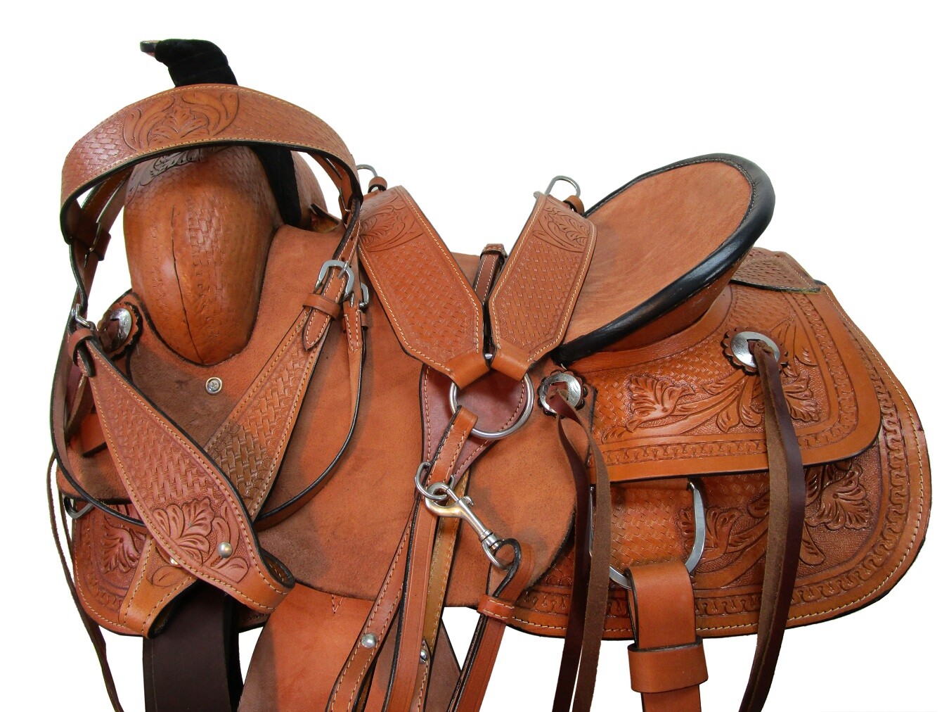 TRAIL SADDLE WESTERN HORSE PLEASURE BASKET WEAVE TOOLED USED LEATHER 15 16 17 18